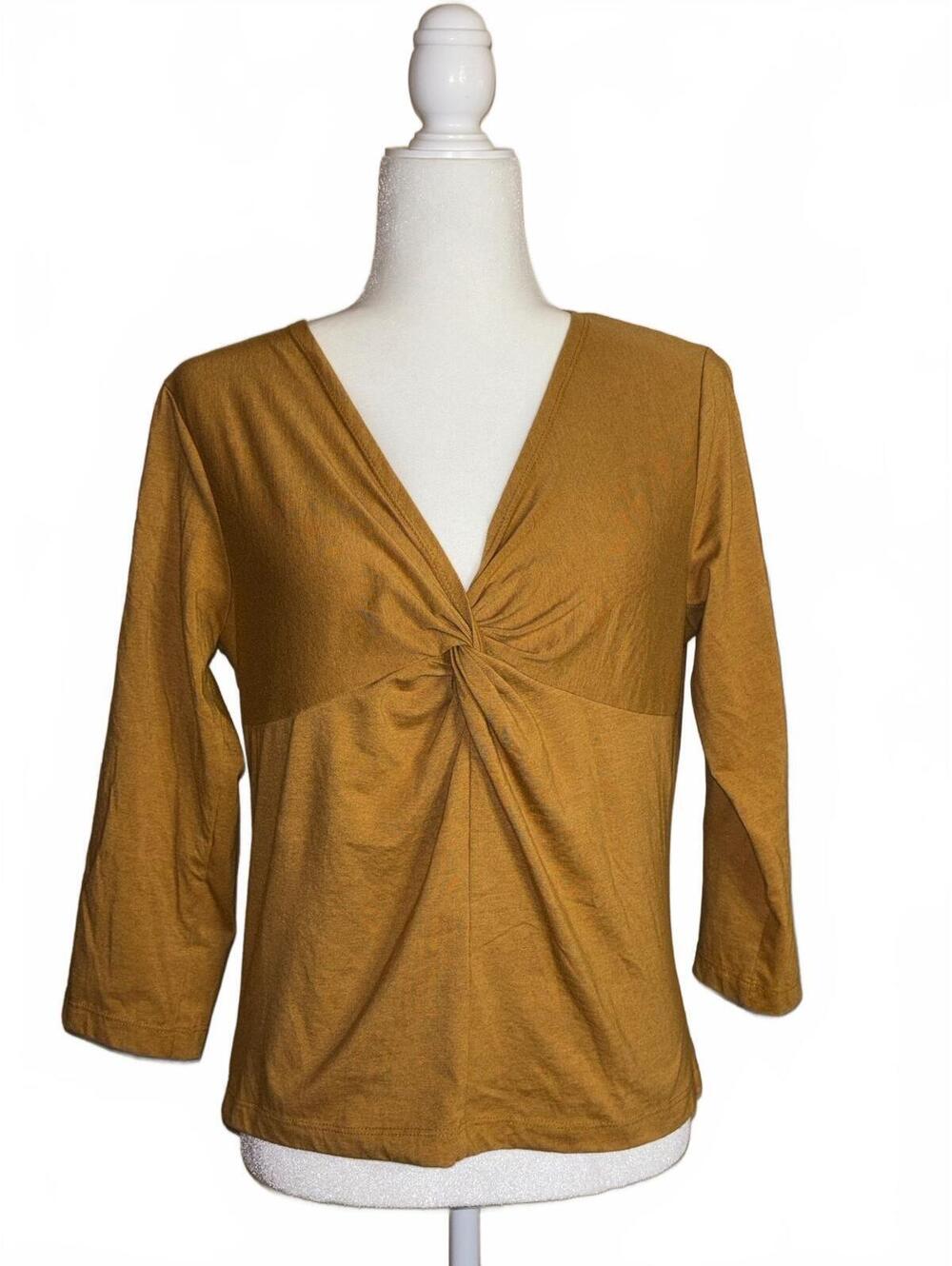 Dolce Apparel Mustard Yellow Twist-front top with 3/4 Sleeves